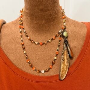 Bohemian-Style Orange Beaded Necklace with Feather Pendant